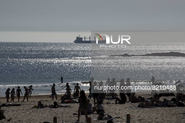 Panoramic view of Carcavelos beach. Lisbon, May 09, 2022. Two months after the lifting of the restrictions, the number of new covid-19 cases...