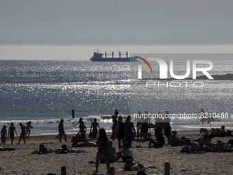 Panoramic view of Carcavelos beach. Lisbon, May 09, 2022. Two months after the lifting of the restrictions, the number of new covid-19 cases...