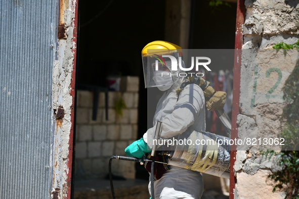 Health workers in the villages of Jindires conduct a campaign to spray pesticides to combat leishmaniasis (Aleppo bean), where the Aleppo mo...