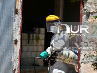 Health workers in the villages of Jindires conduct a campaign to spray pesticides to combat leishmaniasis (Aleppo bean), where the Aleppo mo...