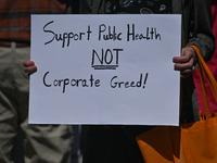 A protester holds a placard with words 'Support Public Health Care NIOT Corporate Greed!'.
Health-care workers, activists and their supporte...