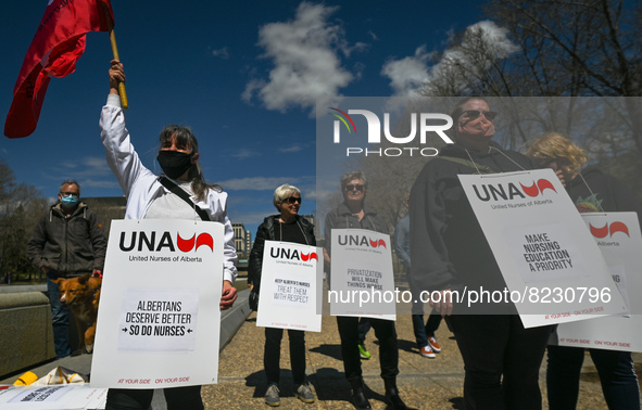 Members of UNA (United Nurses of Alberta) during the rally.
Health-care workers, activists and their supporters protest against Premier Kenn...