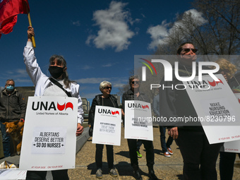 Members of UNA (United Nurses of Alberta) during the rally.
Health-care workers, activists and their supporters protest against Premier Kenn...