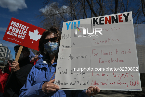 Health-care workers, activists and their supporters protest against Premier Kenney and the UCP government that are taking steps to privatize...