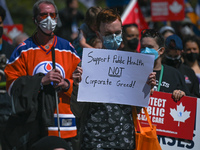 A protester holds a placard with words 'Support Public Health NOT Corporate Greed!'.
Health-care workers, activists and their supporters pro...