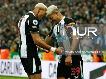 Burno Guimaraes of Newcastle United celebrates with Joelinton of Newcastle United after scoring their sides second goal during the Premier L...