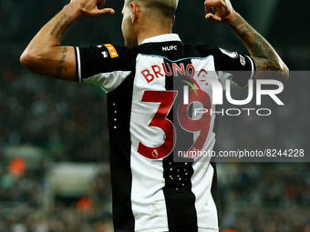 Burno Guimaraes of Newcastle United celebrates after scoring their sides second goal during the Premier League match between Newcastle Unite...