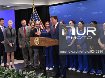 May 16, 2022 - Florida Gov. Ron DeSantis speaks at a press conference at Seminole State College to announce his approval of over $125 millio...