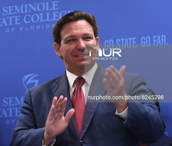 May 16, 2022 - Florida Gov. Ron DeSantis applauds at a press conference at Seminole State College to announce his approval of over $125 mill...