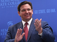 May 16, 2022 - Florida Gov. Ron DeSantis applauds at a press conference at Seminole State College to announce his approval of over $125 mill...