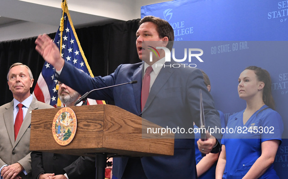 May 16, 2022 - Florida Gov. Ron DeSantis speaks at a press conference at Seminole State College to announce his approval of over $125 millio...