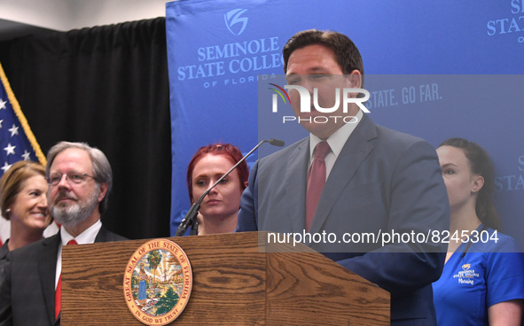 May 16, 2022 - Florida Gov. Ron DeSantis speaks at a press conference at Seminole State College to announce his approval of over $125 millio...