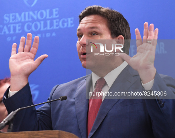 May 16, 2022 - Florida Gov. Ron DeSantis speaks at a press conference at Seminole State College to announce his approval of over $125 millio...