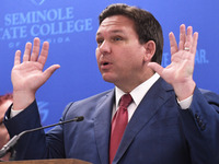 May 16, 2022 - Florida Gov. Ron DeSantis speaks at a press conference at Seminole State College to announce his approval of over $125 millio...