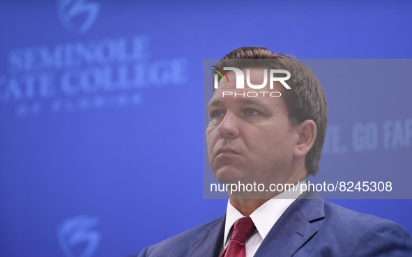 May 16, 2022 - Florida Gov. Ron DeSantis listens at a press conference at Seminole State College to announce his approval of over $125 milli...