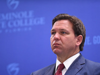 May 16, 2022 - Florida Gov. Ron DeSantis listens at a press conference at Seminole State College to announce his approval of over $125 milli...