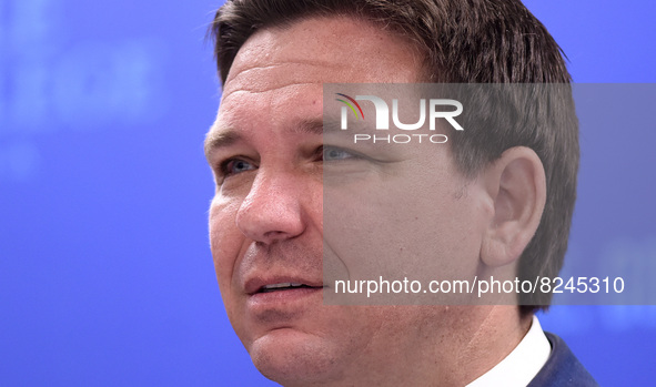 May 16, 2022 - Florida Gov. Ron DeSantis listens at a press conference at Seminole State College to announce his approval of over $125 milli...