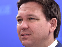 May 16, 2022 - Florida Gov. Ron DeSantis listens at a press conference at Seminole State College to announce his approval of over $125 milli...