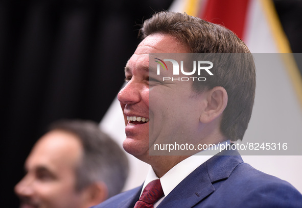 May 16, 2022 - Florida Gov. Ron DeSantis reacts at a press conference at Seminole State College to announce his approval of over $125 millio...