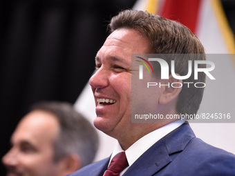 May 16, 2022 - Florida Gov. Ron DeSantis reacts at a press conference at Seminole State College to announce his approval of over $125 millio...