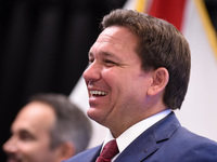 May 16, 2022 - Florida Gov. Ron DeSantis reacts at a press conference at Seminole State College to announce his approval of over $125 millio...