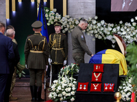 Mayor of Kyiv Vitali Klitschko is seen near the coffin with the body of Leonid Kravchuk in Kyiv, Ukraine, May 17, 2022. Dozens of politician...