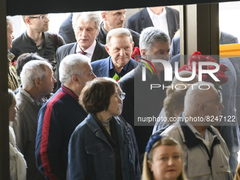 Former Ukrainian Presidents Leonid Kuchma, Viktor Yushchenko and Petro Poroshenko attend the funeral ceremony of Ukrainian first president L...