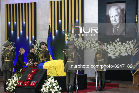 Ukraine's President Volodymyr Zelensky and his wife Olena Zelenska lay a wreath on the coffin of Ukrainian first president Leonid Kravchuk d...