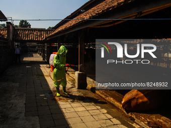 An officer is seen spraying disinfectant in the cage area to Prevention of the Spread of Mouth and Nail Disease (PMK) on May 18, 2022, in Ba...