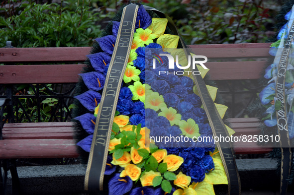 KYIV, UKRAINE - MAY 18, 2022 - A funeral wreath is pictured during a funeral service of 95th Separate Air Assault Brigade officer, Lt Denys...