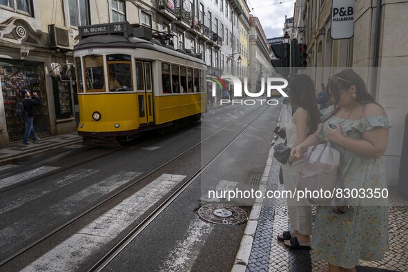 A tram runs along one of the streets in the downtown area, in the Baixa district. Lisbon, May 23, 2022. The European Centre for Disease Prev...