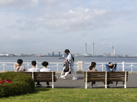 People enjoy the warmth of spring and sunshine at Yamashita park in Yokohama, Japan on 27 May. (