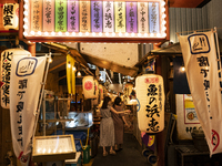 People walk along a path lined with Japanese bars at Shinbashi, Tokyo, Japan on 29 May. (