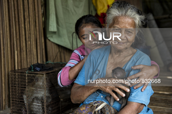 Minah Bt Raya(72) and Siti Bt Kassim(23) at their wooden house with her pet, a baby monkey. Malaysia is one of the most fast developing coun...