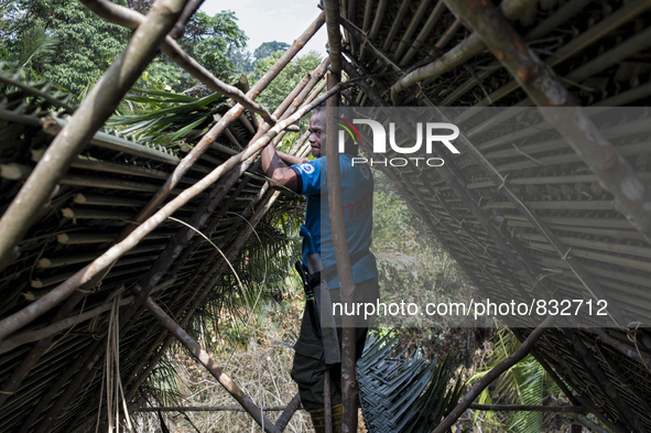 Tok Ulang(65) is building a top roof of new house.  Malaysia is one of the most fast developing country nevertheless , the modernism there i...