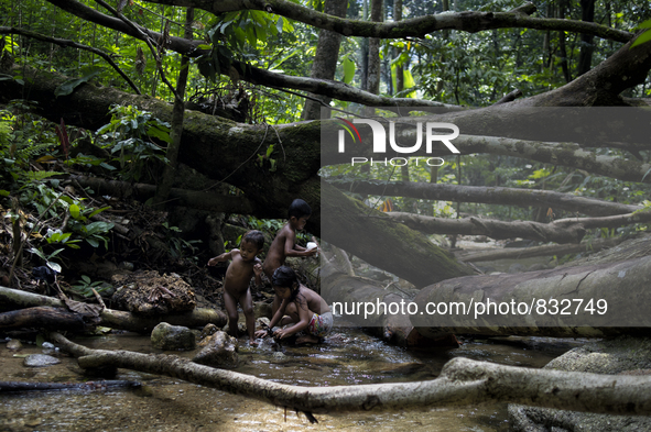 From right top Bulan(7), Mera(8) and Amak(3) are fishing and playing in the stream near by thier house. Malaysia is one of the most fast dev...