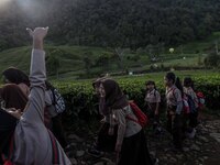 Students walking to school through the tea plantations in Tugu Utara Village, Regency Bogor, West Java province, Indonesia on 2 June, 2022....