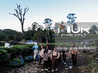 Students walking to school through the tea plantations in Tugu Utara Village, Regency Bogor, West Java province, Indonesia on 2 June, 2022....