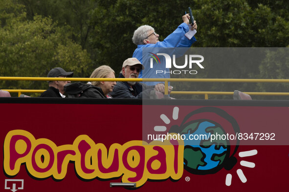 A person is seen taking photos from a tourist bus in the vicinity of the Marquez de Pombal monument. Lisbon, June 03, 2022. Portugal has alr...