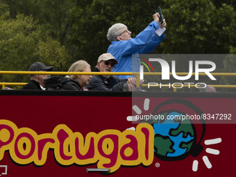 A person is seen taking photos from a tourist bus in the vicinity of the Marquez de Pombal monument. Lisbon, June 03, 2022. Portugal has alr...