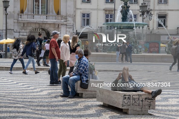 People are seen walking and resting near Rossio Square. Lisbon, June 03, 2022. Portugal has already passed the peak of this COVID-19 pandemi...