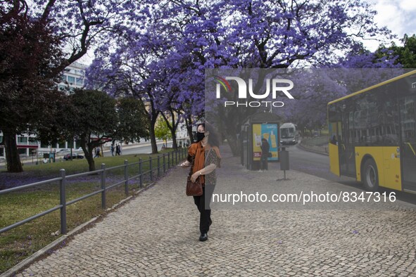 A person wearing a protective mask is seen walking around the Eduardo VII gardens. Lisbon, June 3, 2022. Portugal has already passed the pea...