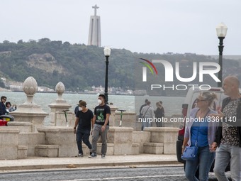 A group of people are seen walking near the Terreiro do Paso area. Lisbon, June 03, 2022. According to data from the General Health Authorit...