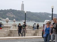 A group of people are seen walking near the Terreiro do Paso area. Lisbon, June 03, 2022. According to data from the General Health Authorit...