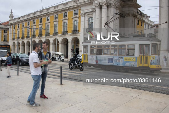 People  are seen walking near Praça de Comercio. Lisbon, June 03, 2022. According to data from the General Health Authority (DSG), Portugal...