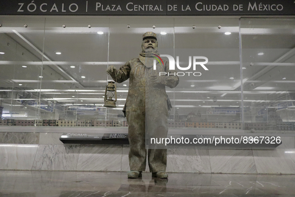 José Miguel Moctezuma, characterised as Don Ferro Ferrocarrilero, during a performance as a living statue inside the Zócalo metro station in...