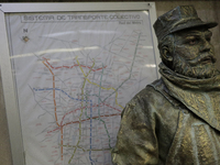 José Miguel Moctezuma, characterised as Don Ferro Ferrocarrilero, during a performance as a living statue inside the Bellas Artes metro stat...