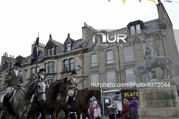 Hawick Cornet 2022, Greig Middlemass accompanied by Right Hand Man, Connor Brunton [2019 Cornet] and Left Hand Man, Gareth Renwick [2018 Cor...