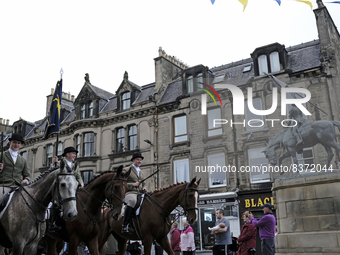 Hawick Cornet 2022, Greig Middlemass accompanied by Right Hand Man, Connor Brunton [2019 Cornet] and Left Hand Man, Gareth Renwick [2018 Cor...