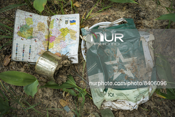 Remains of a food bag of the russian army and a map of Ukraine in the forests near Buda Babynetska village. Russian troops occupied large ex...